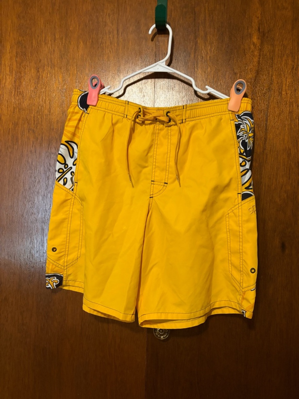 Y2K Speedo Men's Bright Yellow Board Shorts with Floral Side Panels